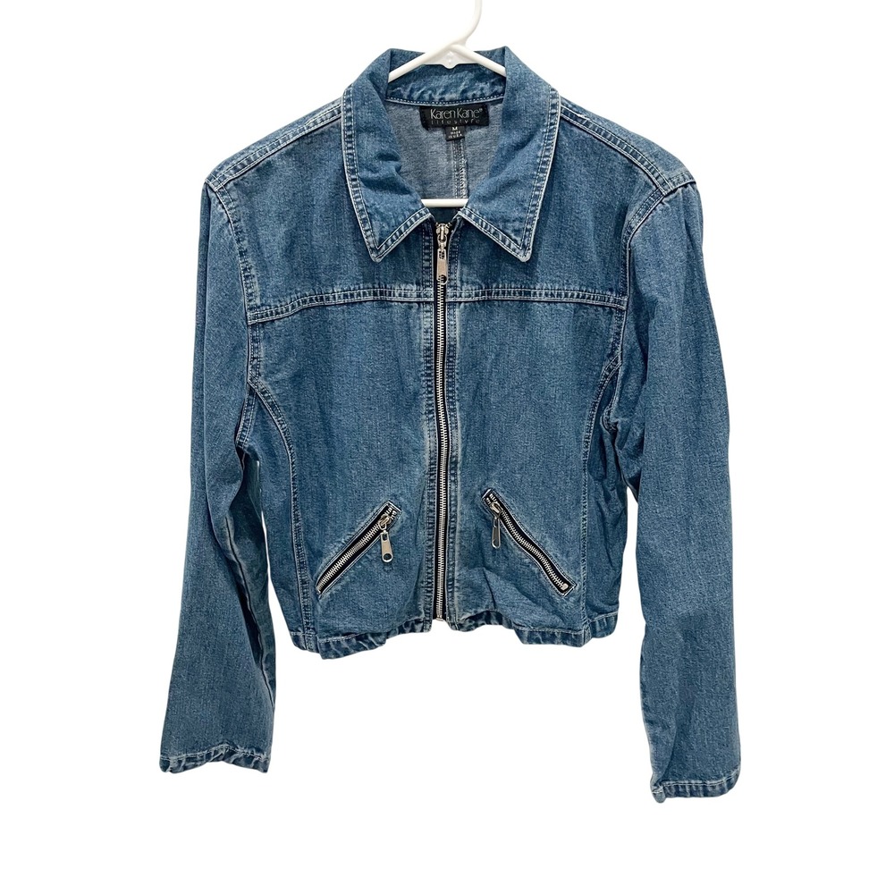 Vintage Karen Kane 90s Denim Moto Jacket Medium Wash Zip Up Made in USA MEDIUM